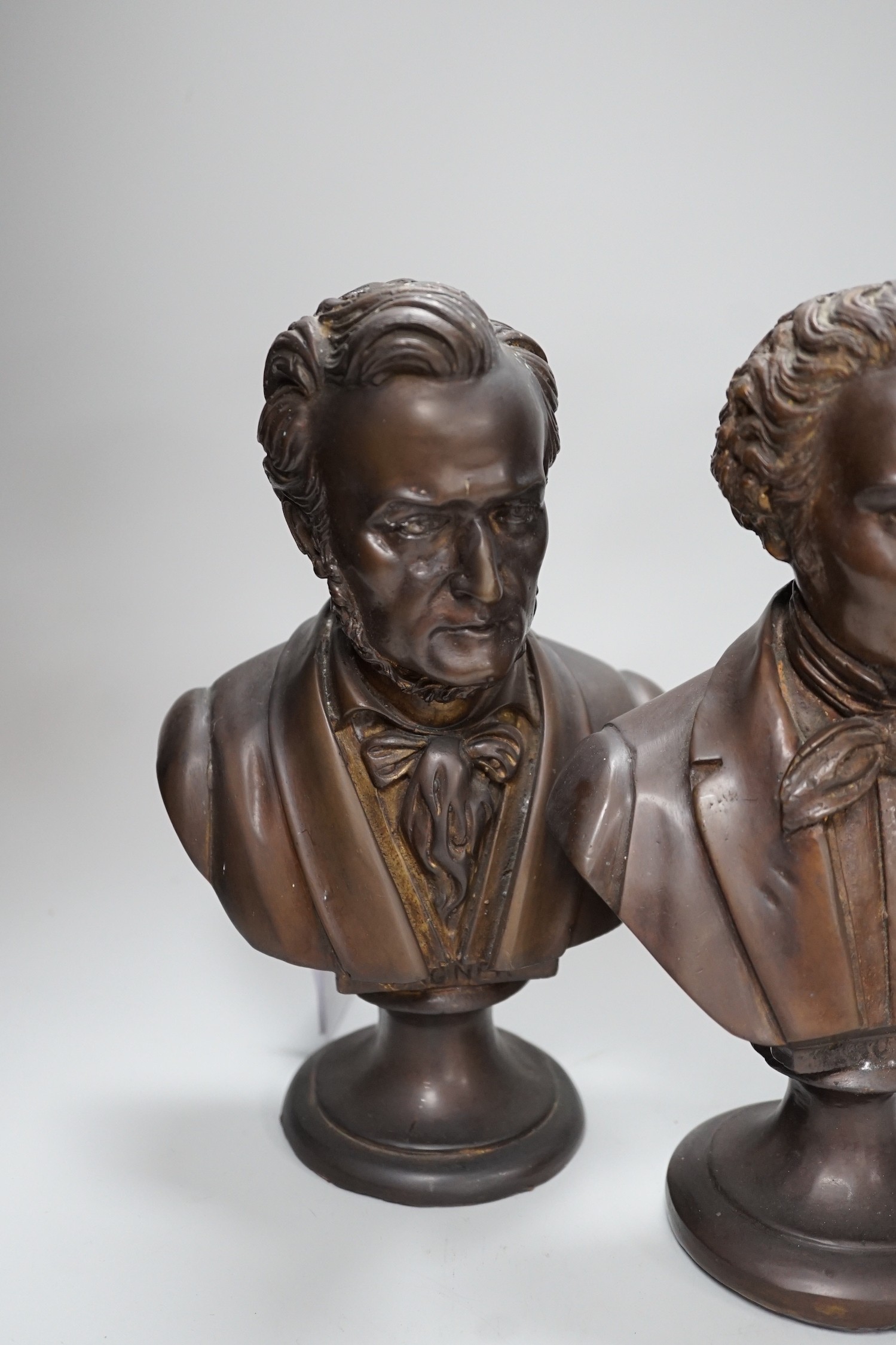 A set of four bronze busts of composers: Schubert, Wagner, Verdi and Mozart, 14cm high